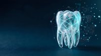 Digital tooth hologram with glowing network connections on dark blue background for dental technology and healthcare innovation concepts.