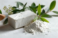 Fresh tofu block with powder and green leaves on white background, showcasing plant-based protein source for healthy vegan cooking.