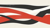Abstract wavy pattern with intertwining red, black and white curved stripes creating dynamic movement and modern geometric composition on beige background.