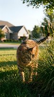Orange tabby cat walking through lush green grass in a sunny suburban yard, staring directly at camera with intense green eyes.