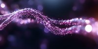 Abstract purple digital wave with connected dots and lines on dark background with bokeh effect, representing network technology or data flow.