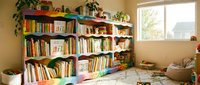 Cozy home library corner with colorful bookshelf filled with books, plants and natural light from window creating warm reading space atmosphere.