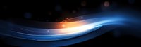 Abstract flowing light waves in blue and orange colors against dark background create dynamic motion effect with glowing energy streams and bokeh elements.