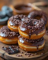 Fresh chocolate glazed donuts topped with mini chocolate chips on wooden board, dripping chocolate sauce creates appetizing texture, close up view of stacked pastries.