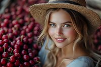 Young woman with straw hat smiling against background of fresh red cherries at farmers market or harvest season.