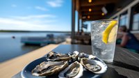 Fresh oysters on ice served with vodka tonic and lemon wedge at waterfront restaurant. Coastal dining experience with boats in background and summer atmosphere.