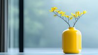 Yellow wildflowers in bright ceramic vase against blurred window background, minimalist home decor composition with soft natural lighting and copy space.