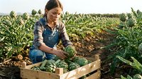 Young female farmer in denim overalls harvesting fresh green cabbage in organic vegetable field, placing produce in wooden crate during sunny day.