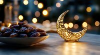 Golden decorative crescent moon lantern with intricate patterns next to plate of dates on wooden surface, bokeh lights creating magical Ramadan atmosphere.