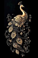 Elegant golden peacock with ornate feathers and flourishes on black background, featuring intricate floral patterns and decorative swirls in metallic tones.