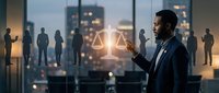 Professional African American businessman in suit touching glowing justice scales hologram in modern office with city skyline at dusk for legal technology concepts.