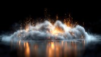 Dramatic glowing particles cascade through misty clouds over reflective water surface, creating ethereal light streams against dark background. Futuristic abstract landscape.