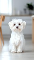 Adorable white Maltese dog sitting on floor in modern kitchen interior with blurred background for pet care and home lifestyle content.