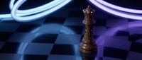 Chess king piece on checkered board with dynamic light trails creating strategic business leadership concept for corporate planning and decision making.