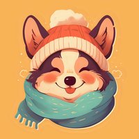 Smiling corgi puppy wearing winter knit beanie and cozy turquoise scarf on orange background, cartoon style character with rosy cheeks and happy expression.