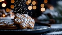 Homemade gingerbread snowflake cookies dusted with powdered sugar on dark plate against blurred golden bokeh lights create magical holiday atmosphere.