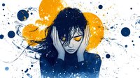 Woman with glowing yellow eyes holding head against vibrant orange circle background, artistic splatter effect creating emotional mood.