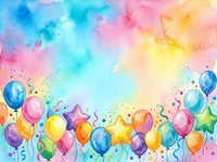 Colorful watercolor birthday party background with balloons, stars, and confetti on a vibrant pastel sky, perfect for cards and banners.