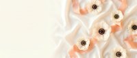 Elegant white anemone flowers with coral pink centers and dark stamens arranged on soft cream background for wedding invitations and romantic designs.