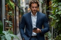 Confident Caucasian businessman in navy suit checking smartphone while walking through modern green office corridor with natural plants and bokeh lighting.