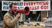 Middle-aged Caucasian man with beard shouting through red megaphone at retail store closing sale with everything must go banner behind him.