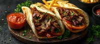 Grilled steak tacos with tender meat strips, fresh vegetables, and herbs served on wooden board with french fries and spicy sauce on dark background.