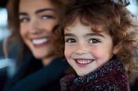Joyful portrait of young child with curly hair and bright smile wearing winter scarf, with woman in background showing genuine happiness and connection.