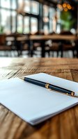 Luxury fountain pen on blank white paper at wooden restaurant table with blurred cafe interior background, ready for writing notes or signing documents.