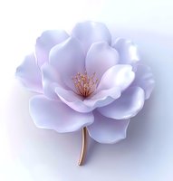 Delicate white cherry blossom with rose gold stem and stamen on light background, soft petals with gentle purple tint, isolated botanical illustration.