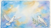 Watercolor painting of two white doves in flight and perched on branch against soft blue and golden sky background. Suitable for peace, love, and spiritual designs.