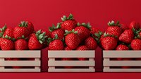 Fresh ripe strawberries in wooden crates against vibrant red background, arranged in row. Natural organic berries with green leaves showing harvest abundance.