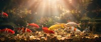 Colorful goldfish swimming in aquarium with golden sunlight rays filtering through water creating magical underwater scene with scattered coins on bottom.