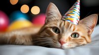 Ginger cat wearing colorful party hat lying on bed with festive bokeh lights and balloons in background, celebrating birthday or special occasion.