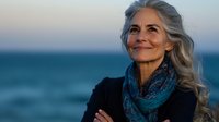 Elegant mature woman with long silver hair and natural smile wearing black sweater and teal scarf against blurred ocean background at sunset, radiating confidence and joy.