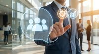 Professional businessman touching digital interface with team and analytics icons in modern office environment for business technology concepts.