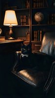 Black cat wearing bow tie sitting in leather armchair in vintage library study room with warm lamp light, globe and bookshelves. Perfect for editorial and lifestyle projects.