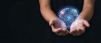 Hands holding glowing digital globe with network connections, representing global technology, innovation, and worldwide digital communication for business concepts.