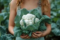 Caucasian female farmer holding fresh white cauliflower with green leaves in vegetable garden, wearing denim apron. Suitable for agriculture, farming, organic produce, and gardening content.