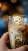 Iced coffee drink held in hand with condensation droplets on glass, creamy beverage with ice cubes, blurred warm and cool bokeh background.