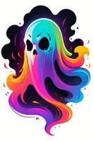 Rainbow colored ghost with flowing multicolored ethereal form against dark background. Stylized skull-like face features vibrant gradient transitions from pink to blue tones.