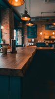 Warm industrial cafe interior with wooden counter, hanging pendant lights, and exposed brick walls creating cozy atmosphere for restaurant and hospitality design projects.