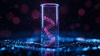 Glowing DNA helix structure in glass cylinder with blue neon light effect against dark background with bokeh particles, scientific concept visualization.