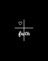 Minimalist white cross with heart and faith text on black background, modern religious symbol design for spiritual and faith-based projects.