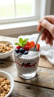 Healthy breakfast bowl with chia seed pudding topped with fresh berries, strawberries, blueberries, and mint leaf. Hand holding spoon near wooden table with granola and bright window background.