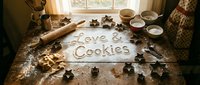 Rustic wooden table with flour spelling Love and Cookies, surrounded by star cookie cutters, rolling pin, and dough for holiday baking.