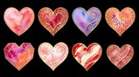 Decorative heart shapes with ornamental patterns, watercolor textures, and gold accents isolated on transparent background. Ready for t-shirt designs, stickers, clipart, sublimation, print-on-demand products, and digital crafts.