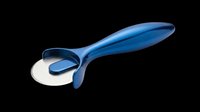 Pizza cutter with blue handle and stainless steel wheel, isolated on transparent background. Ready for kitchen product design, e-commerce, print-on-demand, and culinary clipart applications.