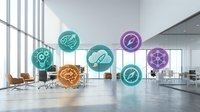 Floating colorful icons representing business, technology, and innovation concepts in a modern office space with large windows and contemporary furniture.