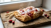Homemade cherry strudel pastry with flaky golden crust and sweet fruit filling on rustic wooden board near window for bakery dessert recipes.