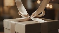 Elegant kraft gift box tied with a satin ribbon bow, warm bokeh background, luxury packaging for holidays, birthdays, and special occasions.